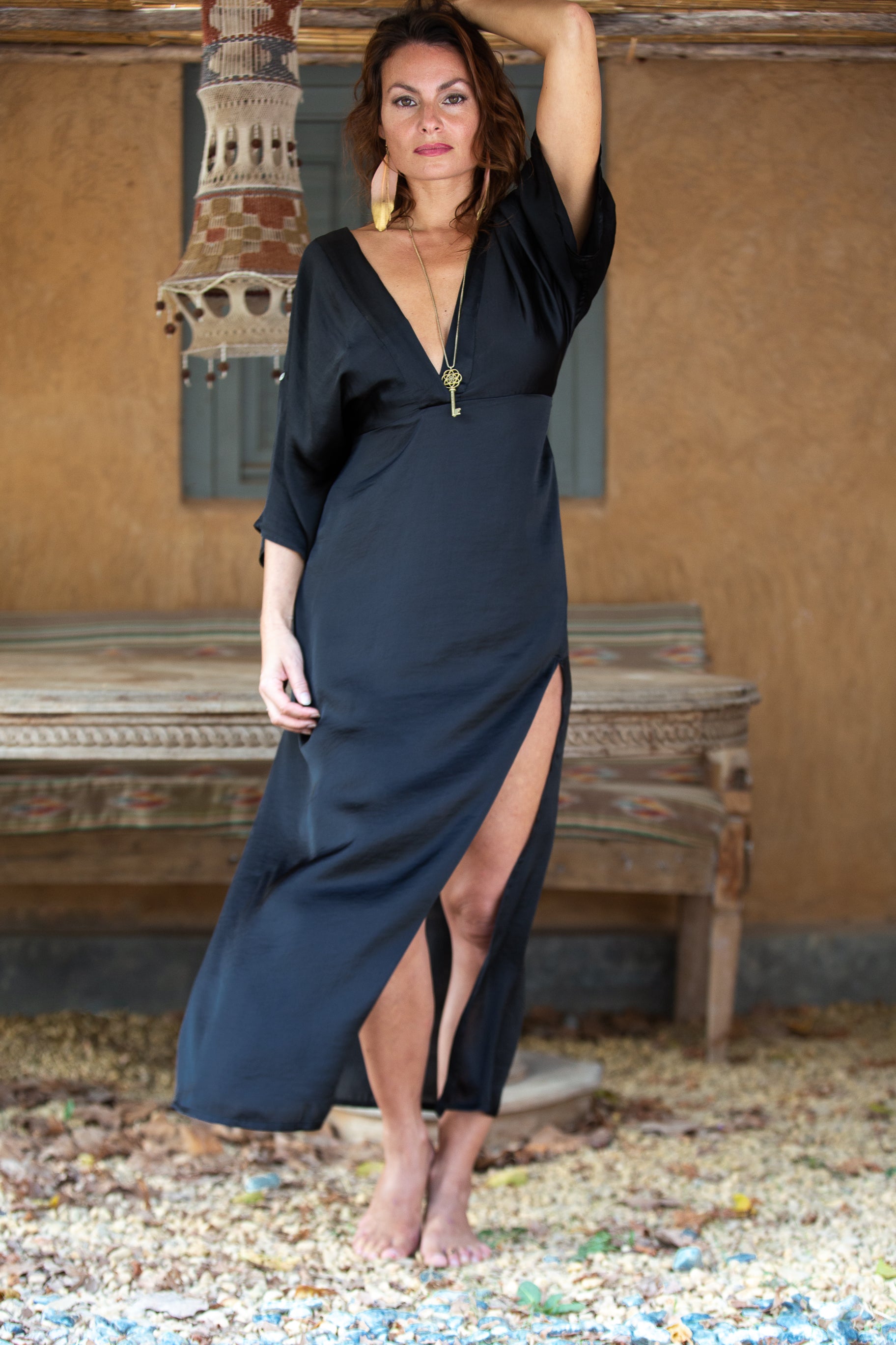 Black Satin Kaftan Dress