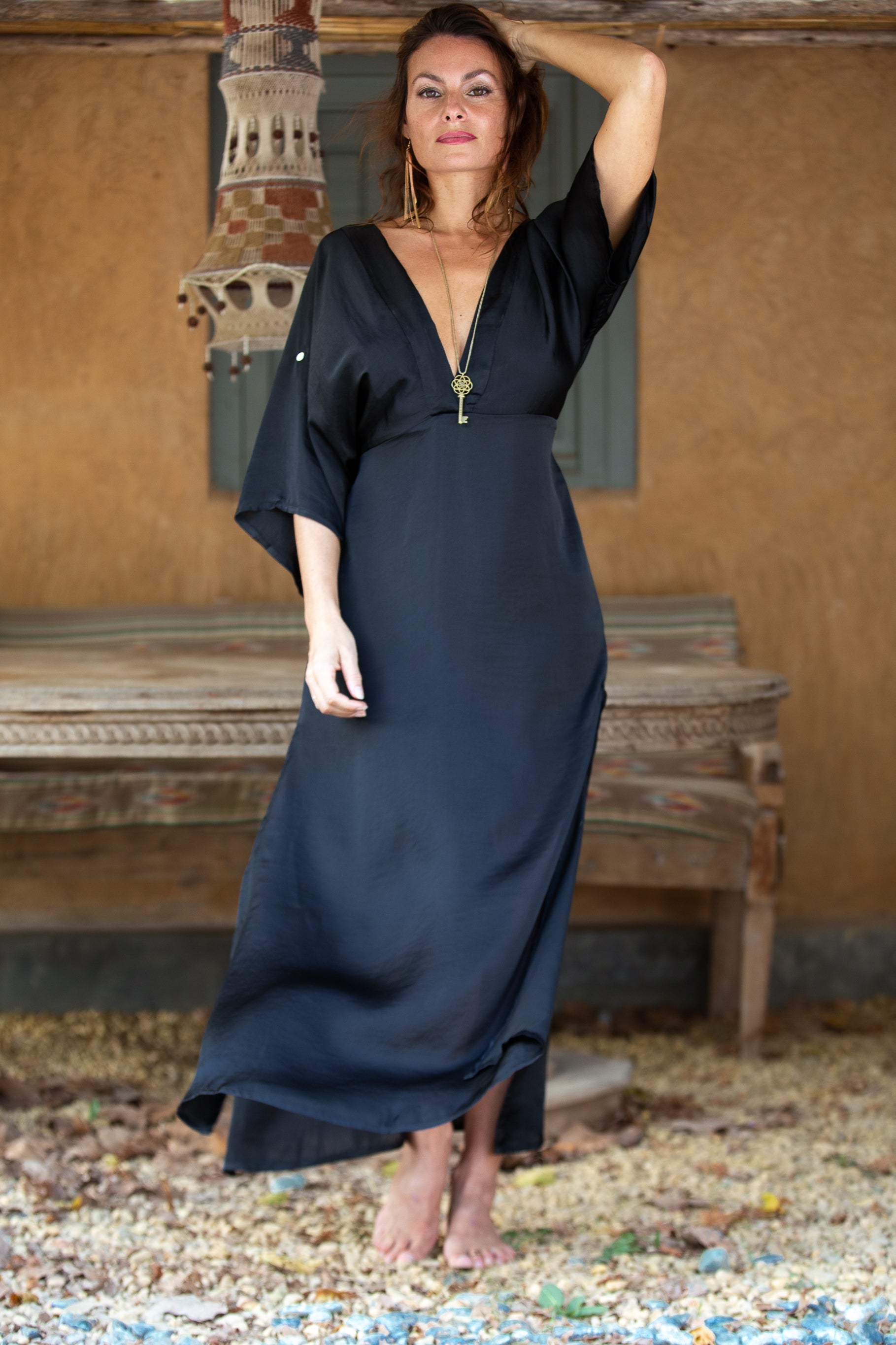 Black Satin Kaftan Dress