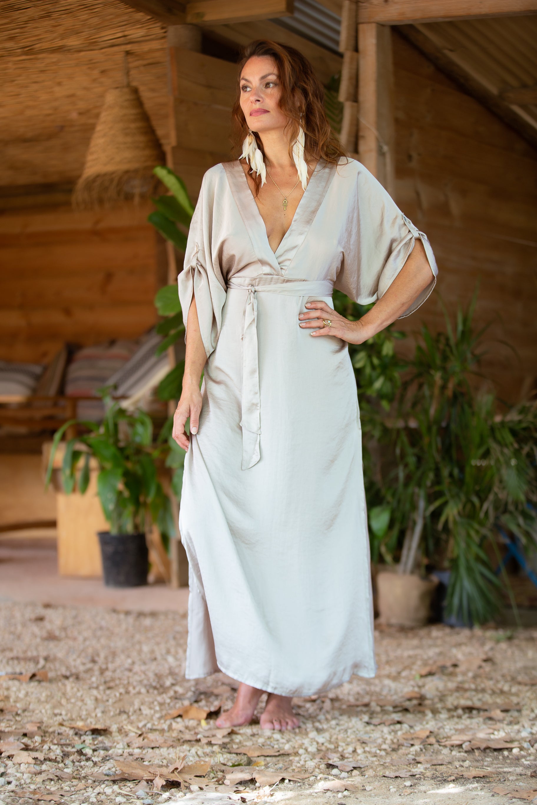 Taupe Satin Kaftan Dress