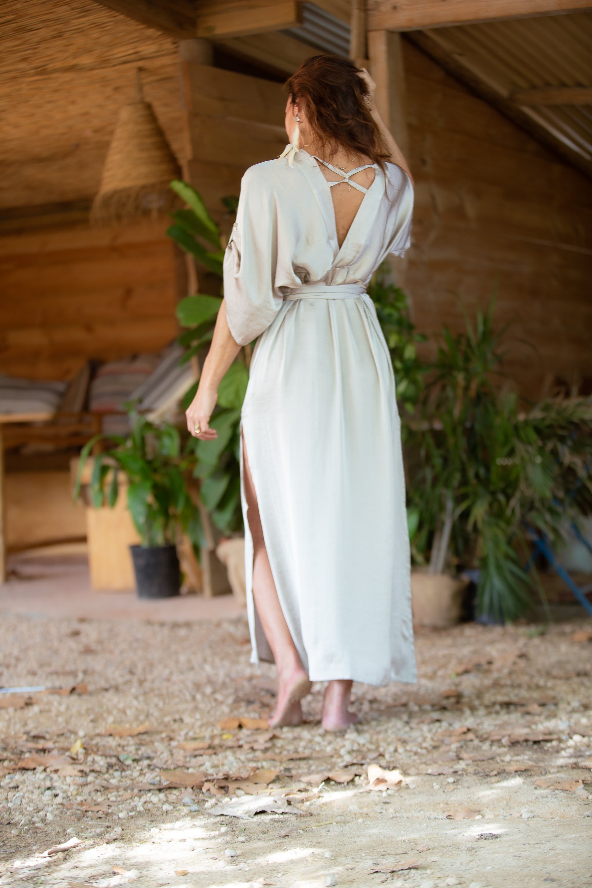 Taupe Satin Kaftan Dress