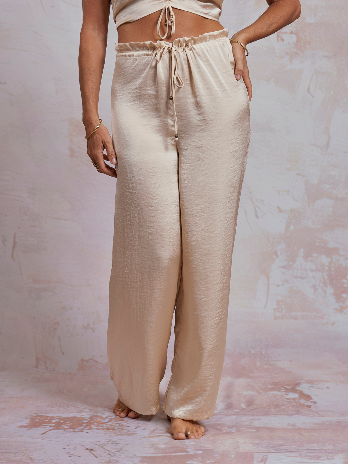 Ivory Satin Palazzo Pants