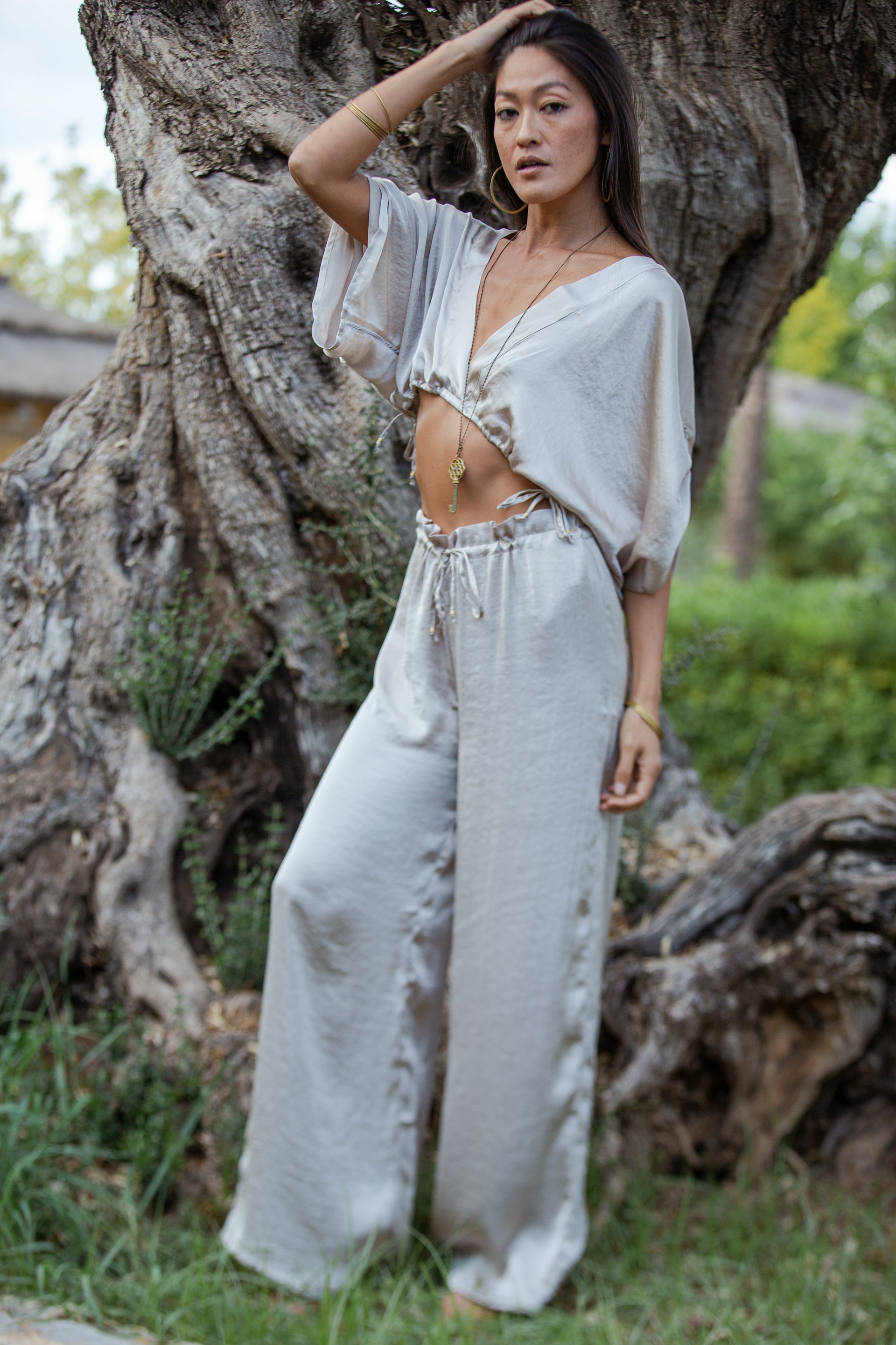 Taupe Satin Palazzo Pants