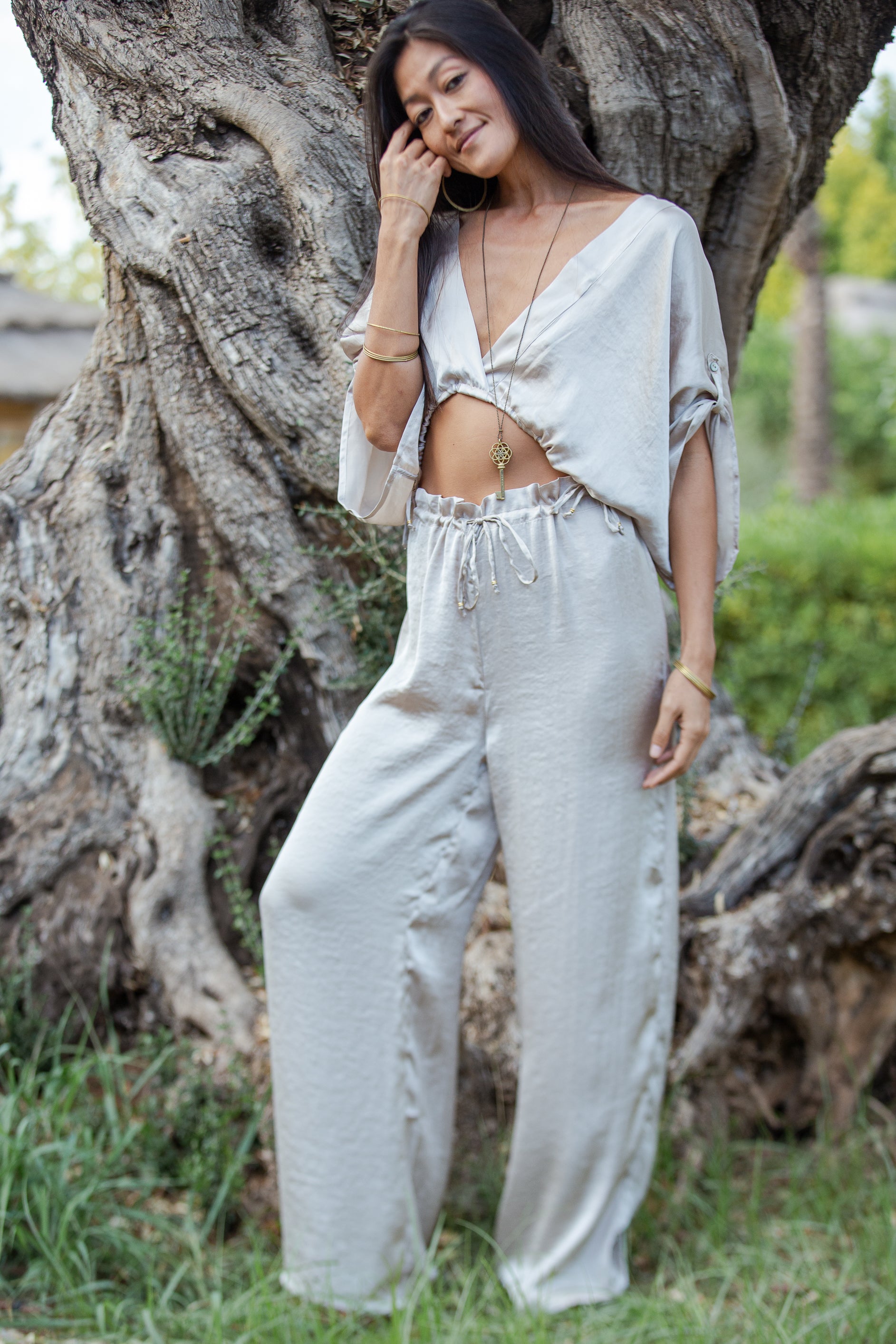 Taupe Satin Palazzo Pants