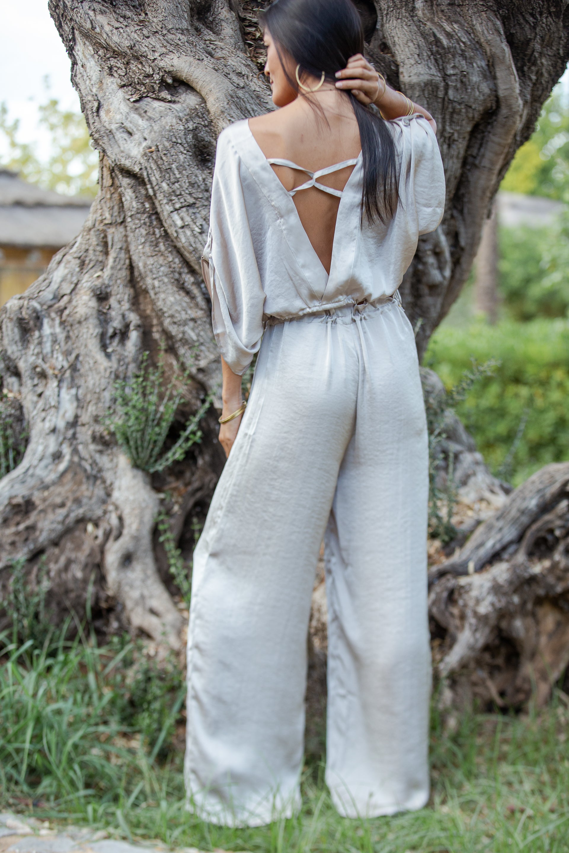 Taupe Satin Palazzo Pants