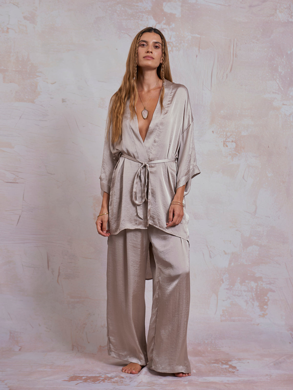 Taupe Satin Sam Kimono