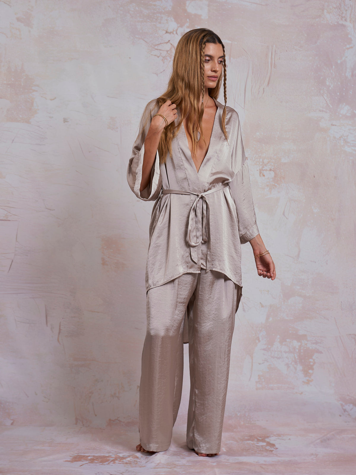 Taupe Satin Sam Kimono