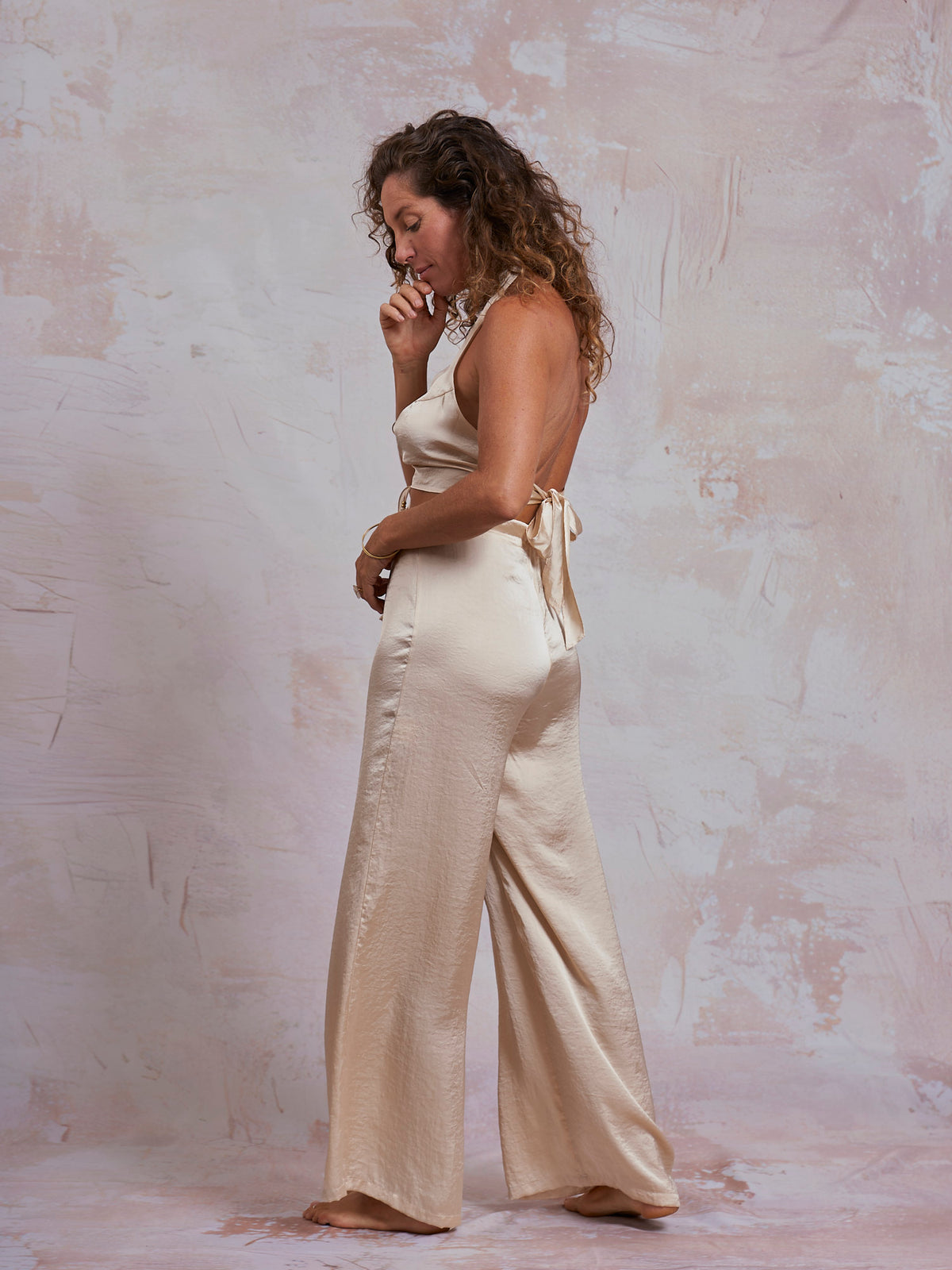 Ivory Satin Palazzo Pants
