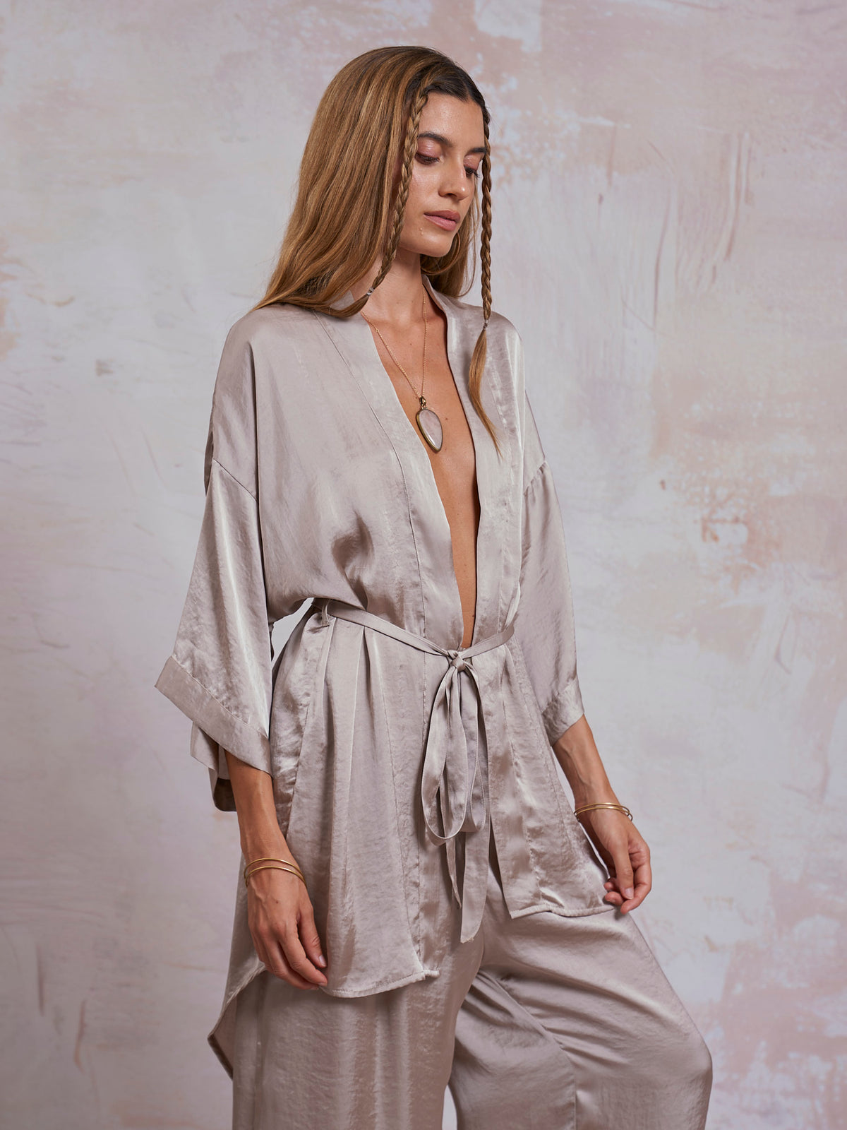 Taupe Satin Sam Kimono
