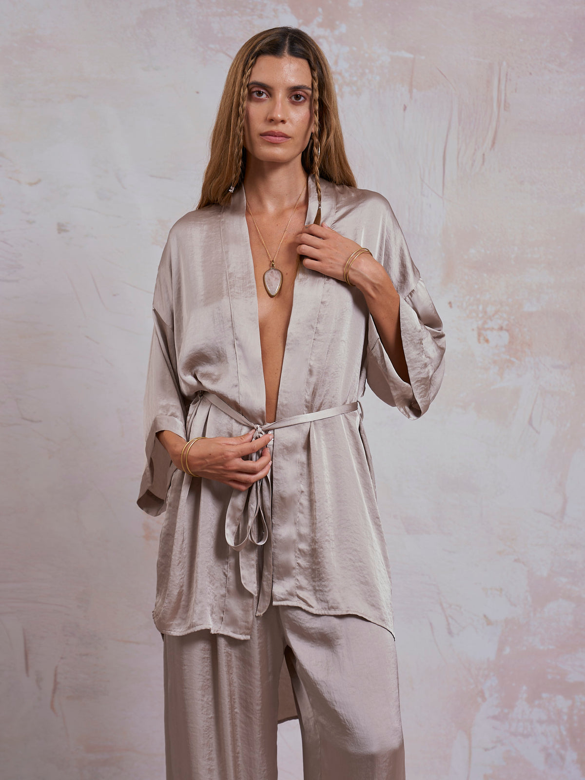 Taupe Satin Sam Kimono